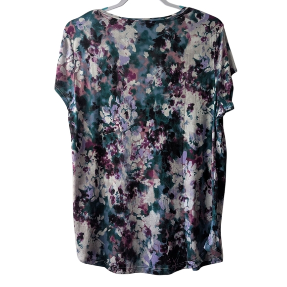 SIMPLY VERA VERA WANG WOMEN'S GREEN/PURPLE FLUTTER SLEEVE GRAPHIC TEE SIZE L - Picture 2 of 7